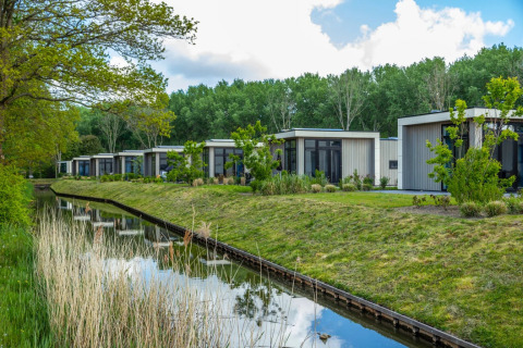 Moderne Glamping-Hütten am Wasser, umgeben von viel Grün in einem naturnahen Ferienpark.