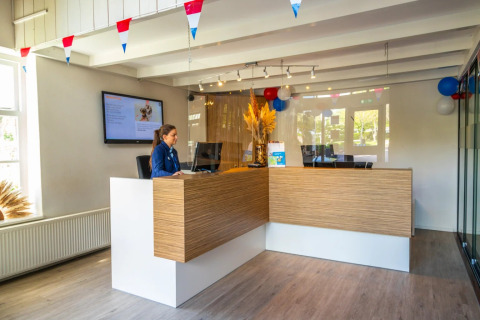 Recepcionista en un mostrador moderno en un parque vacacional de glamping, con decoración festiva y colorida.