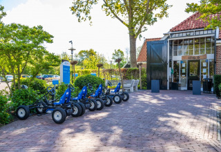 Photo of a holiday park with glamping, go-karts parked outside the lobby, and lush greenery.