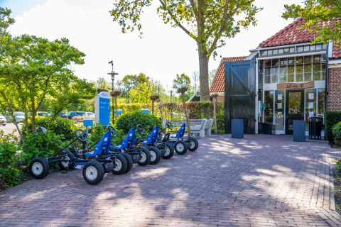 Photo of a holiday park with glamping, go-karts parked outside the lobby, and lush greenery.