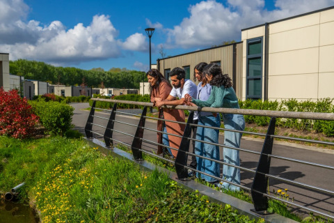 Four people stand on a small bridge at a holiday park with glamping, greenery, and modern cabins nearby.