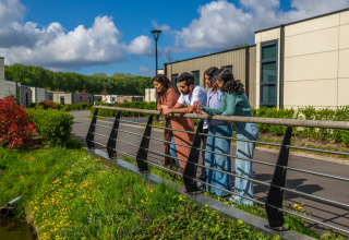 Vier Menschen lehnen an einem Geländer in einem modernen Ferienpark mit Glamping und viel Grün.
