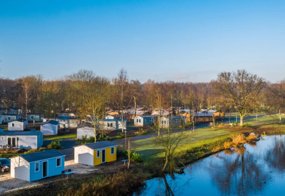 Feriepark med glampingindkvartering, små hytter og sø omgivet af træer under blå himmel.