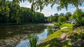 Parque vacacional junto a un lago, autocaravana, huésped en banco y árboles verdes, ideal para glamping.