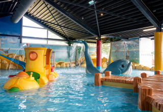 Indendørs børnepool med farverige legetøjsfigurer og vandeffekter i Vakantiepark Bergumermeer, Friesland.