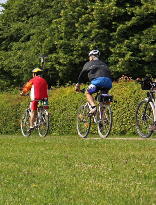 Cuatro ciclistas pedalean juntos por un sendero cerca de Sumar en Frisia, Holanda, rodeados de vegetación y árboles.