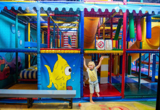Bambino che gioca in un colorato parco giochi al coperto con scivoli e reti a Vakantiepark Bergumermeer, Paesi Bassi.