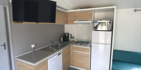 Cocina moderna de la Lodge XL en Vakantiepark Bergumermeer, Países Bajos, con electrodomésticos y TV.