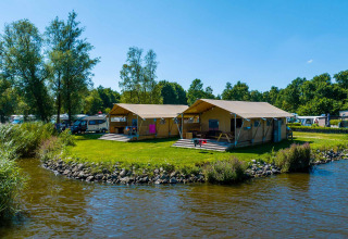 Safari tents by the water at Vakantiepark Bergumermeer in the Netherlands, surrounded by lush greenery.