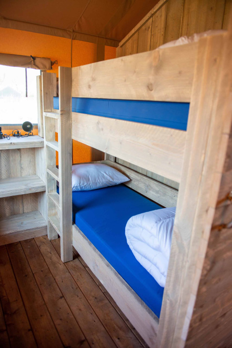 Bunk bed inside a safari tent at Vakantiepark Bergumermeer, Netherlands, with blue mattresses and wood decor.