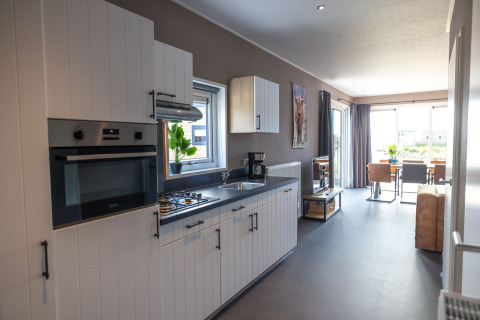 Cucina e sala da pranzo moderne in Waterlodge tipo 2 al Vakantiepark Bergumermeer nei Paesi Bassi, luminosa.