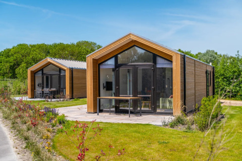 Cabañas modernas para glamping en un parque vacacional rodeadas de césped y cielo azul despejado.