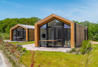 Cabañas modernas para glamping en un parque vacacional rodeadas de césped y cielo azul despejado.