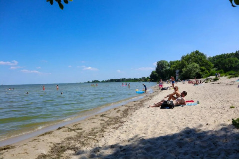 Personas descansando y nadando en una playa junto a un parque vacacional con opciones de glamping.