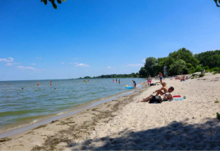 Folk nyder solrigt vejr på en sandstrand tæt på en skov, tæt på vandet ved en feriepark.