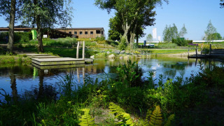 Estanque natural con muelle de madera, vegetación y alojamientos glamping en un parque vacacional.