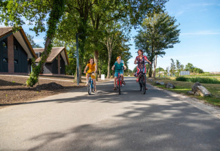 Trois personnes font du vélo joyeusement sur une allée ensoleillée d’un parc de vacances proposant du glamping.