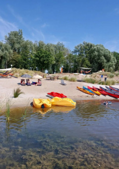 Playa con kayaks, botes de pedales, hamacas y huéspedes relajándose, rodeada de árboles en parque glamping.