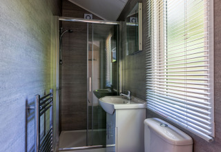 Moderne badeværelse i Forest Cottage på Recreatiepark de Paalberg, Holland, med bruser og hvide skodder.