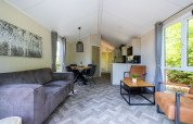 Moderne woonkamer in Forest Cottage bij Recreatiepark de Paalberg, Nederland, met grote ramen en gezellige inrichting.