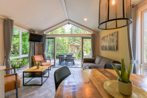 Sala moderna en Forest Cottage, Recreatiepark de Paalberg, con ventanas grandes y vista al jardín.