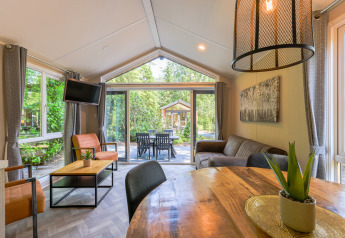 Sala moderna en Forest Cottage, Recreatiepark de Paalberg, con ventanas grandes y vista al jardín.