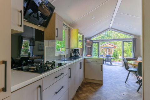 Cocina y sala modernas en Forest Cottage del Recreatiepark de Paalberg, Países Bajos, con vista al patio exterior.