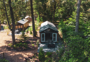 Luftfoto af Forest Cottage ved Recreatiepark de Paalberg i Holland, omgivet af skov og små hytter.