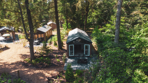 Luftaufnahme des Forest Cottage im Recreatiepark de Paalberg, Niederlande, umgeben von Wald und Lodges.