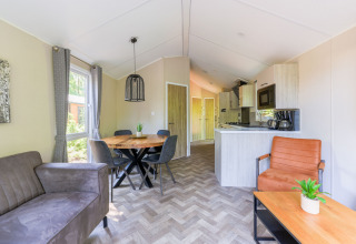 Modernes Wohnzimmer und Küche im Forest Cottage, Recreatiepark de Paalberg, Niederlande mit gemütlicher Einrichtung.