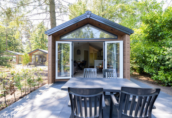 Espace repas extérieur devant un chalet forestier aux portes ouvertes à Recreatiepark de Paalberg, Pays-Bas.
