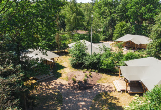 Luchtfoto van glamping safaritenten omringd door natuur op Recreatiepark de Paalberg in Nederland.