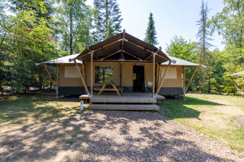 A glamping safari tent at Recreatiepark de Paalberg in the Netherlands, set among trees and greenery.