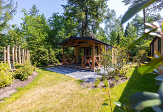 Acogedora tiny house Heide Lodge con porche, en un frondoso jardín verde rodeado de árboles altos.