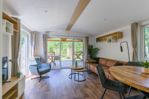 Lys stue med moderne møbler i tiny house Heide Lodge, Recreatiepark de Paalberg, Holland, med udsigt til terrasse.