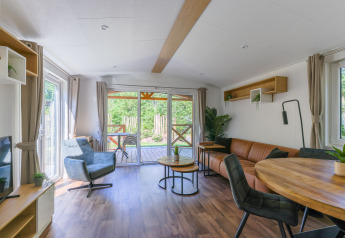 Salon lumineux et moderne dans la tiny house Heide Lodge, Recreatiepark de Paalberg, Pays-Bas, vue terrasse.