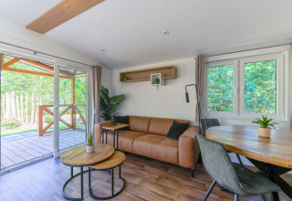 Salon moderne d'une tiny house à Heide Lodge, Recreatiepark de Paalberg, avec vue sur la terrasse boisée.