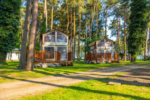 Twee glampinghutten in een vakantiepark, gelegen tussen hoge dennenbomen en groene gazons.