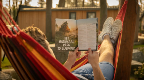 Persona relajándose en una hamaca mientras lee una revista frente a una cabaña glamping en un parque vacacional.