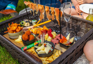 Glamping picknick in een vakantiepark met tapas, kaas, ham en snacks geserveerd in een mand op gras.
