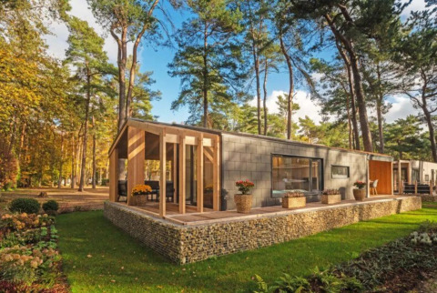 Modern glamping cabin with large terrace in a holiday park surrounded by tall trees and greenery.