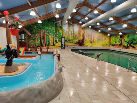 Piscina cubierta en un parque vacacional con mural de bosque y zona acuática infantil para jugar.