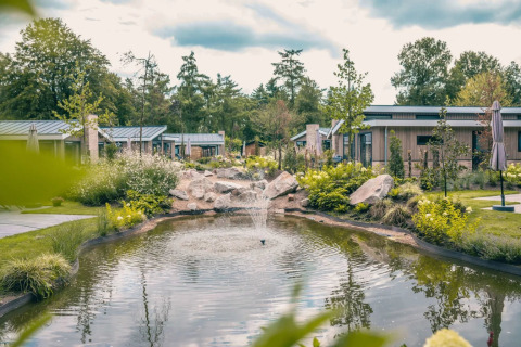 Parque vacacional con modernas cabañas glamping, estanque ajardinado y vegetación abundante alrededor.
