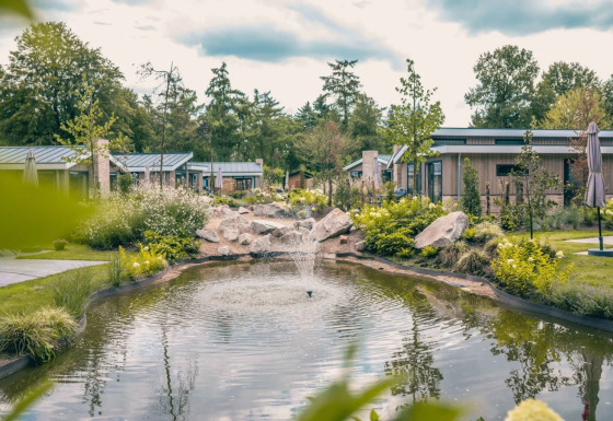 Idyllisk feriested med glamping, små hytter, dam med springvand og grønne omgivelser under overskyet himmel.