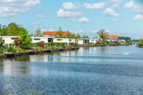 Alojamientos glamping modernos junto a un lago en un parque vacacional rodeado de vegetación.