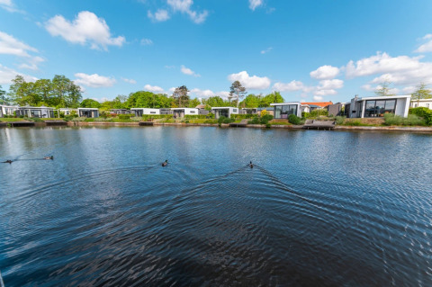 Cabañas glamping modernas junto al lago en un parque vacacional, rodeadas de naturaleza y cielo azul.