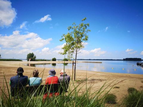 Vier Personen sitzen auf einer Bank am Sandstrand und blicken auf einen ruhigen See mit blauem Himmel.