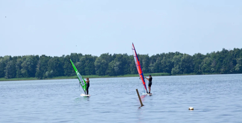 Zwei Personen windsurfen auf einem See nahe einem Wald, aufgenommen bei einem Glamping-Ferienpark.