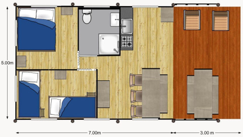 Plano del safari tent Villatent Nomad en Holiday Park Ackersate, Países Bajos, con 2 dormitorios y terraza espaciosa.
