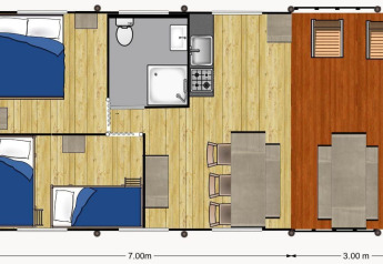 Plano del safari tent Villatent Nomad en Holiday Park Ackersate, Países Bajos, con 2 dormitorios y terraza espaciosa.
